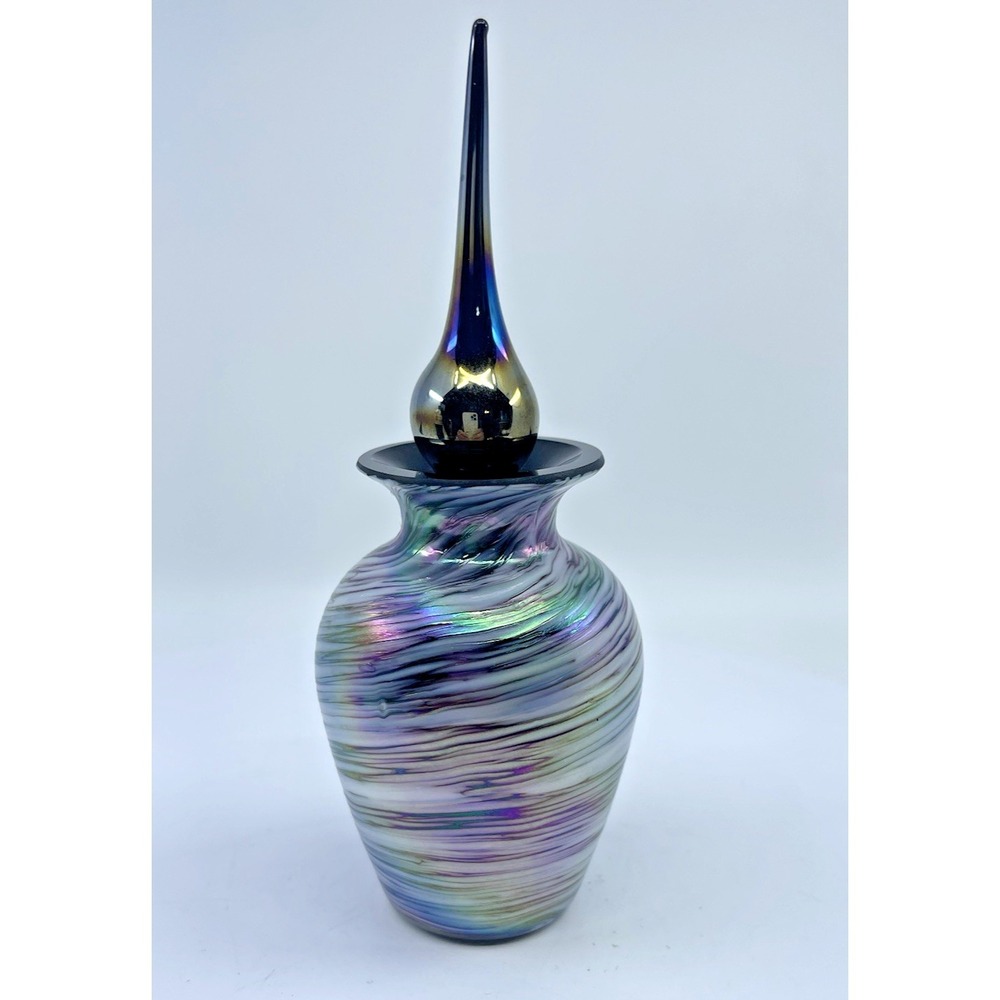VTG Art Glass Perfume Bottle Iridescent White Threaded Swirl Black Glass